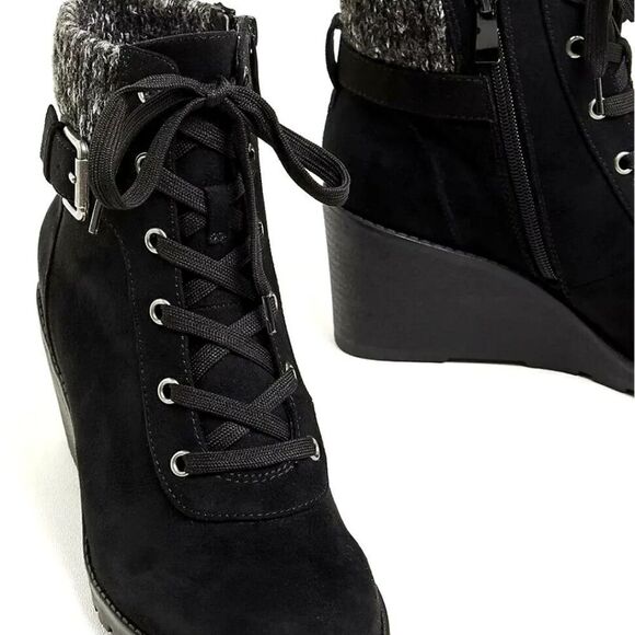 NIB TORRID Women's Wedge Bootie Faux SuedeโBlack Extra Wide Rubber Cushion boot - Picture 3 of 12